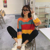 V-Neck Colorful Striped Tassel Sweater